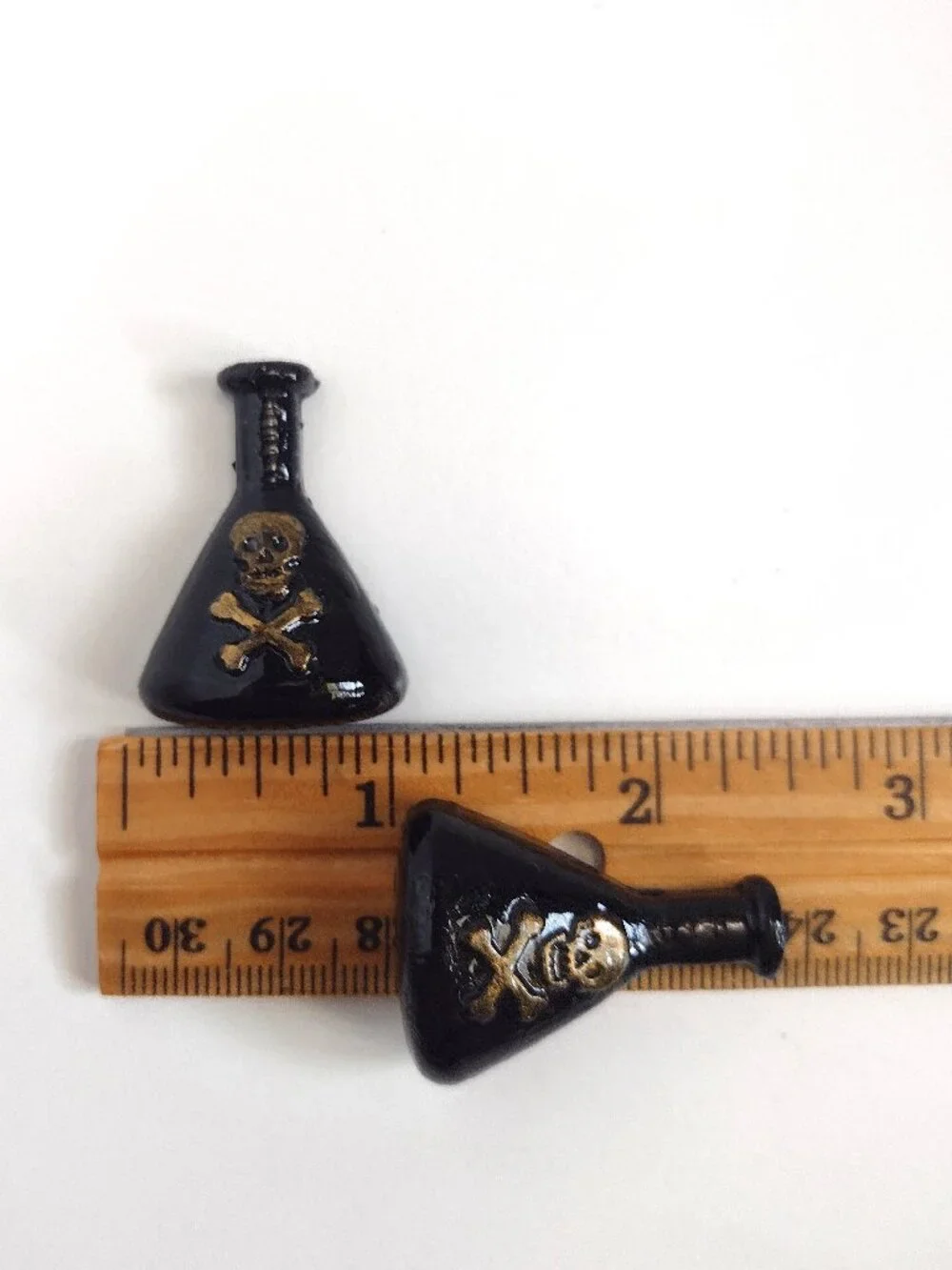 2 Black & Gold Gothic Halloween Apothecary Bottles, Jolly Roger Skull, Flat-back